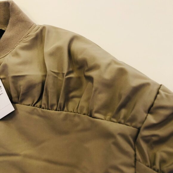 Forever 21 Ruched Bomber Jacket Zip Up Size S Light Olive 2 Pockets Short Length - Picture 5 of 14